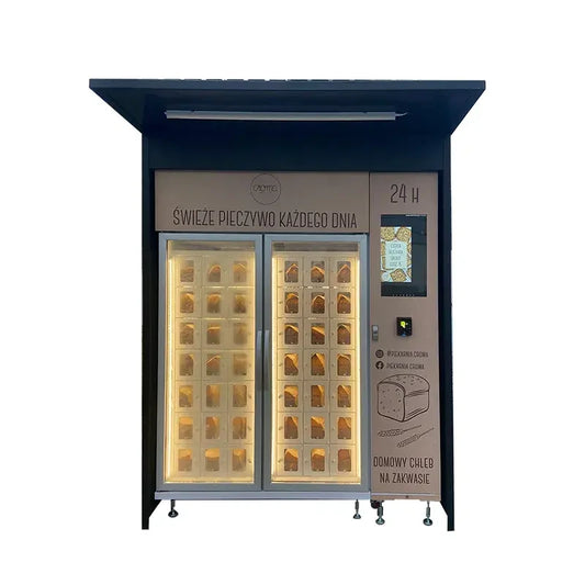 Outdoor bread vending machine. 42 lockers for large capacity. Shelter for preventing hard weathers.